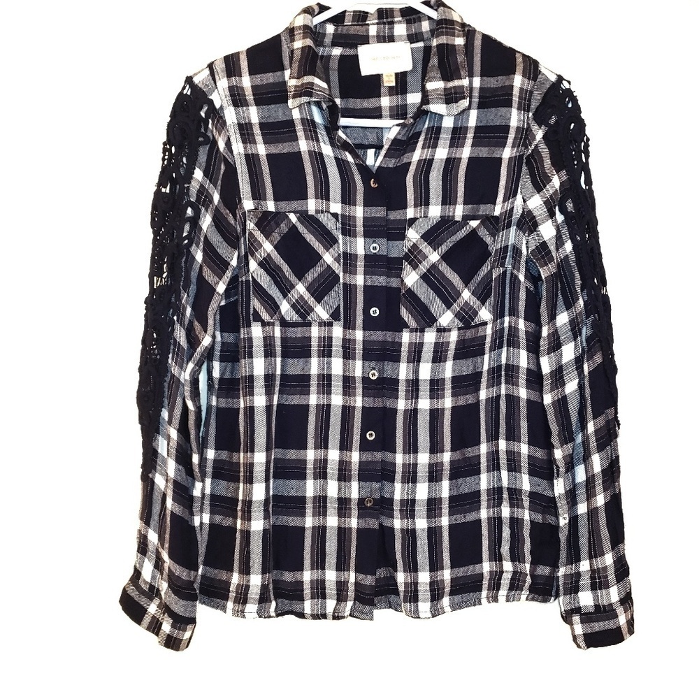 Skies Are Blue Navy Flannel with Crochet Knit Arm Detail